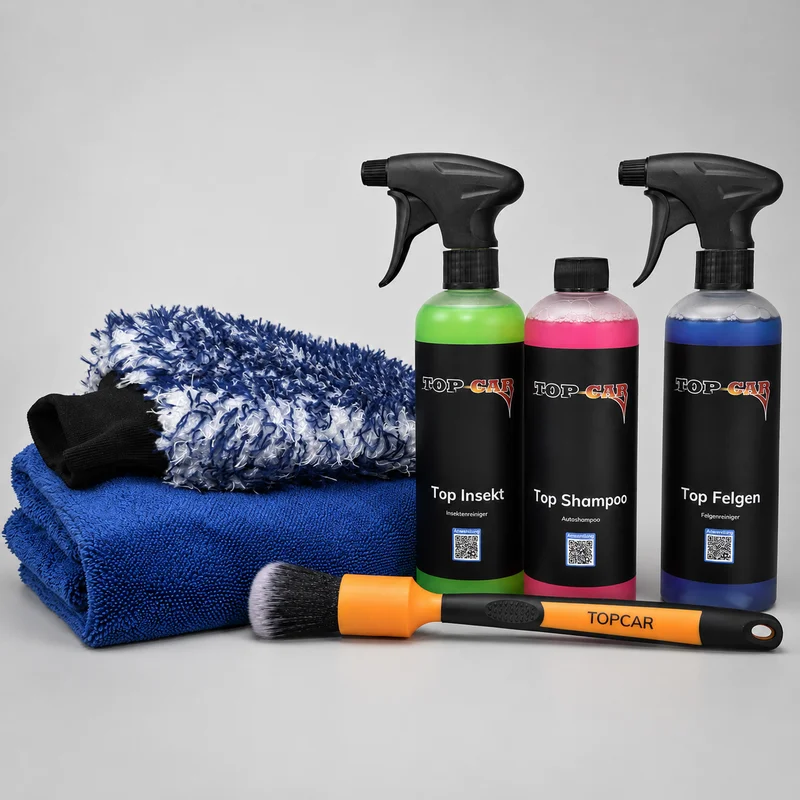 Top Autowaschset groß mit Shampoo, Insektenreiniger und Felgenreiniger Großes TopCar Autowaschset mit Top Shampoo, Top Insekt, Top Felgen, Waschhandschuh, Trockentuch und Felgenpinsel