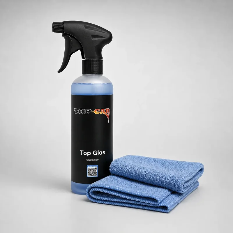 Top Glasreinigungsset mit Glasreiniger und Mikrofaser Waffeltücher Top Glasreinigungsset von TopCar mit Glasreiniger und blauen Mikrofasertüchern Waffelstruktur für streifenfreie Autoscheiben